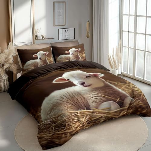 Reversible Bedding Set Duvet Cover Set Cot-bed for Kids Toddler- Animal Sheep Printed Quilted Comforter Cover with 1 Pillowcases, Tan, Microfiber, Zipper Closure, 2 Pieces