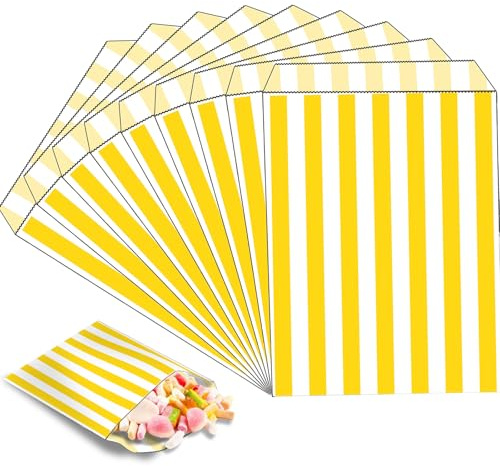 100 st gula söta påsar, små randiga godispåse, 12,7 x 17,8 cm godispåse|popcornpåse|brödpåse|smörgåspåse|kexpåse, festpåsar för snacks, godis, tårtpresent, bröllop, födelsedagsfest, jul