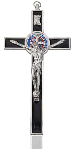 DICOSMETIC 1 croce da parete 19,2 x 9,8 cm, piccola lega, San Benedetto, smalto nero, crocifisso, Gesù Cristo, croce cristiana cattolica, decorazione regalo di Pasqua per donne e uomini