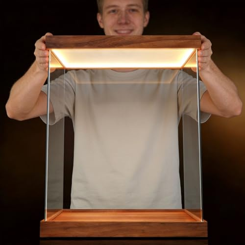 Vitrine Acrylique Vitrine en Acrylique Ultra Haute pour Présentation, Boîte Lumineuse LED avec Base et Couvercle en Bois, Organisateur de Comptoir(15x15x50cm(6x6x20in))