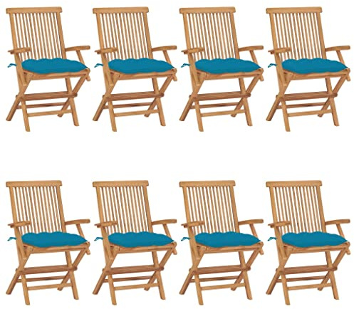 Frdhee Terrassenstühle Bistrostuhl,Gartenstühle mit Hellblauen Kissen 8 STK. Massivholz Teak für Rasenfläche, Camping, Garten, Pool, Strand, Hof