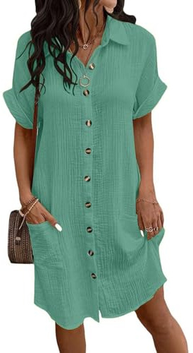 CheChury Robe Chemise été Femme Chic et Élégant Robe Manches Courtes Lin Coton Col en V Blouses Boutons avec Poche pour Plage Loisirs,Vert Clair,S
