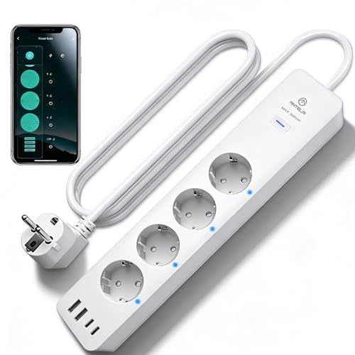 ANTELA Multipresa Intelligente con 4 Prese AC + 4 Porte USB, Ciabatta Smart Alexa WiFi, Protezione da Sovraccarico, Monitoraggio del Consumo, Telecomando APP, Programma e Timer