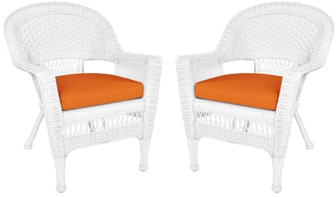 Jeco Wicker Chair with Orange Cushion, Set of 2, White/W00206-
