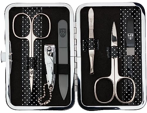 DREI SCHWERTER - Germany 6-tlg. Maniküreset 'Genova' | Set Nageletui aus Kunstlackleder schwarz gepunktet | Inhalt: Nagelschere, Hautschere, Nagelknipser, Glasnagelfeile, Pinzette, Saphirnagelfeile