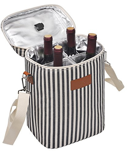 Tirrinia 4 Bottle Leakproof Insulated Wine Carrier Tote Bag - Padded and Portable for Travel, Restaurants, Tastings, Parties - Great Gift for Wine Lovers, Stripe Pattern