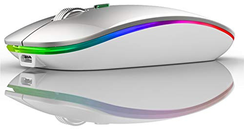 Uiosmuph G12 Ratón Inalámbrico Recargable, Receptor Nano Wireless Mouse 1600 dpi Ajustables Silencioso Mini Mouse Multicolor LED para Computadora Portátil, PC, Portátil, Macbook (Plata)