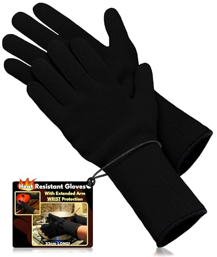 Medipaq Black Long Wrist Protect Heat Proof Gloves (1x PAIR) - BBQ & Oven Gloves with Fingers - Heat Resistant Up to 350°C