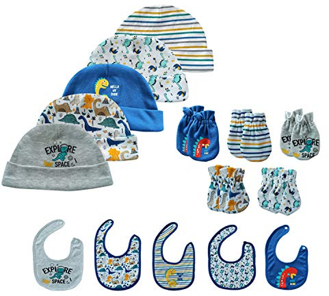 Chamie Baby hat and Mittens Set Newborn Baby Scratch Mittens Gloves for Baby Boys Girls 0-6 Months 100% Cotton