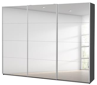 Rauch Möbel Caracas Schrank Kleiderschrank Schwebetürenschrank, Grau metallic, Spiegel, Schwarz, 3-trg., inkl. Zubehörpaket Classic 3 Kleiderstangen, 5 Einlegeböden, 1 Hakenleiste, BxHxT 271x210x62 cm