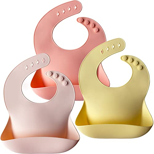 Moonkie Silikon Lätzchen Baby 3er-Set, BPA-frei Abwaschbar Baby Lätzchen Wasserdicht Weich Langlebig Verstellbare Silikon Lätzchen für Babys und Kleinkinder (Pink/Pastel Yellow/Soft Pink)…
