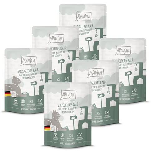 MjAMjAM - nourriture humide premium pour chats - Quetschie - excellent veau et dinde avec de délicieuses carottes, pack de 6 (6 x 300 g), sans céréales avec un supplément de viande