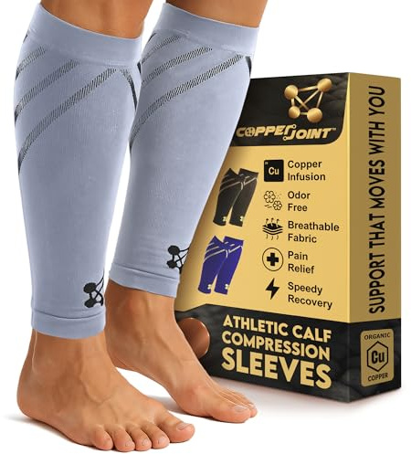 CopperJoint Running Calf Compression Sleeve Women – Easy-On Footless Calf Compression Sleeves for Men, Support Mens Leg Sleeves for Runners, Basketball, Sports, Copper Infused Nylon - Grey, Large