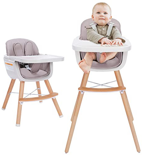 Mallify 3-in-1 Wooden High Chair, Convertible High Chairs for Babies and Toddlers, Baby Highchair with Adjustable Legs & Dishwasher-Safe Tray, Sleek Hardwood & Premium PU Cushion, Pink