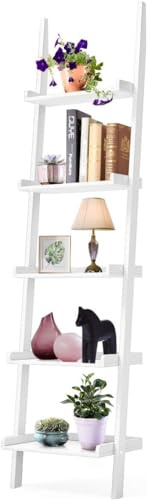GOPLUS Estante de Almacenamiento, Estante de Flores, Estante de Escalera de Madera, Librería de 5 Niveles, Unidad de Pared para Oficina, Sala de Estar, Sala de Estudio, 57 x 33 x 191 CM (Blanco)