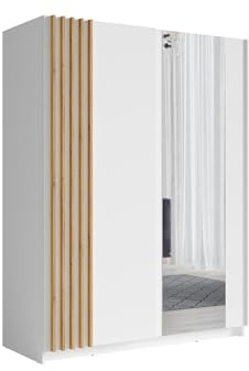 Vente-unique-Armario de 2 Puertas correderas - con Espejo - L150 cm - Blanco y Natural - CALELA