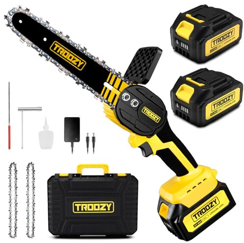 TROOZY Mini Motosega a Batteria Brushless, Sega a Batteria per Potatura 2×3000 mAh fino a 200min, Potatore Elettrica 21V / 6 Pollici, Elettrosega per legno, Tagliarami per potatura, Pochi