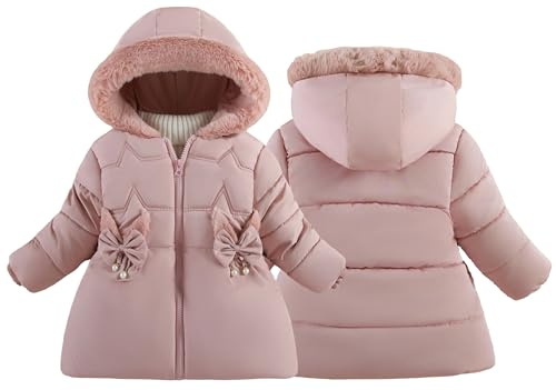 Maeau - Doudoune à Capuche Enfant Fille Parka Manteau Chaud Hiver Veste en Coton Matelassée Fermeture Éclair Manteau Duvet avec Poches Nœud Papillon - Rose - 4-5 Ans