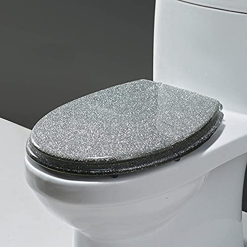 SnamicE WC-Sitz Soft Close WC-Sitz Kunstharz Glitzer WC-Sitz, Funkelnder WC-Sitzbezug Rund Oval, Einfache Installation und Reinigung, Soft Close WC-Sitz, Rosa, Silber