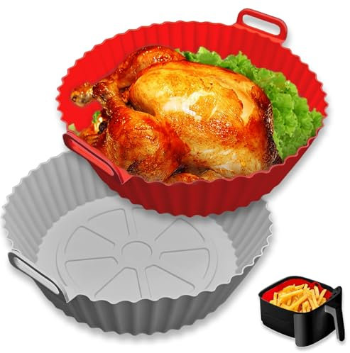 Echehi 2 pezzi Teglia Silicone Friggitrice ad Aria, Teglia per Friggitrice ad Aria da 22 cm Riutilizzabile. Accessori Friggitrice ad Aria COSORI, Ninja, Tower. Rosso Grigio