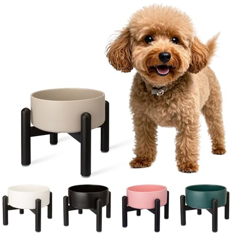 Comedero Perro Elevado de Cerámica - Cuenco para Perros Pequeños y Medianos - Plato Comida con Soporte de Acero Inoxidable - 850 ml - Gris