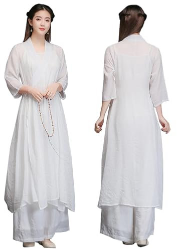 DAYKET Womens Tai Chi Suit 3-Piece Set,Chinese Traditional Meditation Suit with Three-quarter sleeves for Kung Fu Wing Chun Morning Exercises Clothing,White-XXL