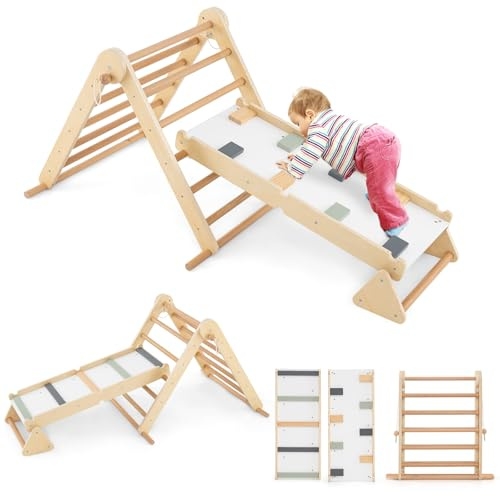 COSTWAY Triangle d'escalade Montessori Enfant avec Rampe Double Face & Base, Échelle d’Escalade en Bois Pliable et Réglable sur 3 Niveaux, Charge Max 50KG, Aire de Jeux Intérieur pour 3 Ans+