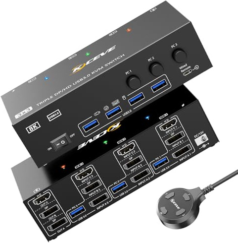 KVM-switch 3-bildskärmar 3 PC, 4K@60 Displayport HDMI USB 3.0 KVM-omkopplare trippeldisplay med 4 USB 3.0-portar, tangentbord och skrivbordsstyrenhet