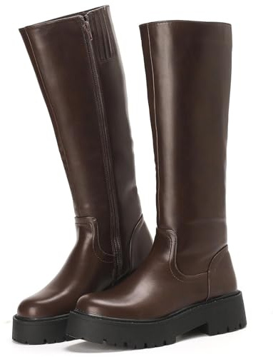 Putu Damen Stiefel Plateau Modische Reitstiefel mit Blockabsatz Profilsohle Leicht Bequem Elegante Hochschaftstiefel 41