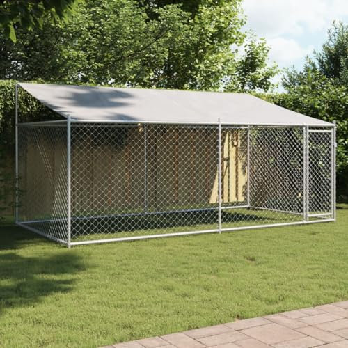 Hundezwinger Outdoor für große Hunde, 4x2x2m, Grau, verzinkter Stahl, robuster Auslauf mit Dach und Tür, sicheres Gehege für Haustiere