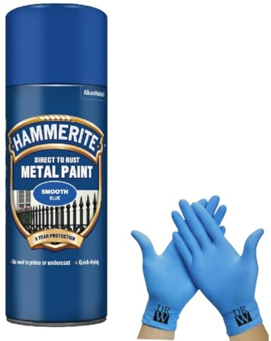 Hammerite Direct to Rust Metal Spray Paint Smooth Blue 400ml + Free DRW Nitrile Gloves | Fast-Drying Aerosol, Long-Lasting Rust Protection for Indoor & Outdoor Metal (BLUE)