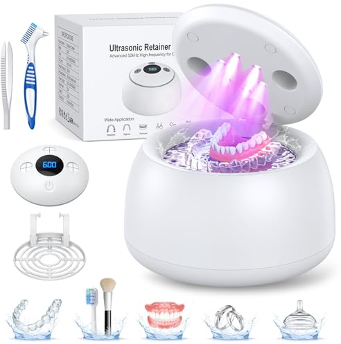 TEBAL Ultrasonic Retainer Cleaner Machine, 52kHz Ultrasonic Denture Cleaner for Night Guards, Braces, Aligner, Toothbrush, Jewelry and More, Dental Cleaning Pod with Digital Timer & 250ML, White