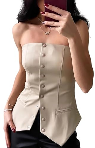 Genérico Blusa de cuero sin tirantes para mujer sin mangas con botones y dobladillo asimétrico para fiesta y club