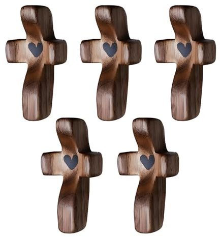 5 Piezas Cruces de Madera Tallada, Cruz de Bolsillo de Nogal, Cruces de Madera Pequeñas con Corazón, Cruz de Proteccion, Cruz de Pulgar, para Oración Comunión Bautismo Actividades Pascua (5 x 2.5 CM)
