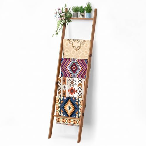 BAMBANG 6-Tier Blanket Ladder for Living Room, Blanket Quilt Ladder Rack Rustic Decorative Towel Holder, Wall Leaning Blanket Ladder Shelf Storage Farmhouse Decor for Bedroom Bathroom, Tea Brown