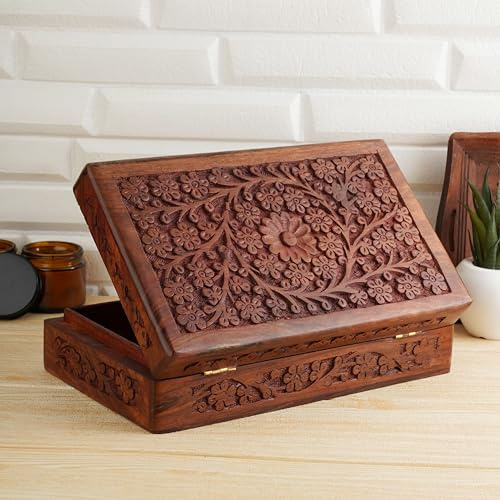 Ajuny Boîte à Bijoux en Bois Sculpté 25x15 cm – Coffret Décoratif Motif Floral, Coffre de Rangement pour Colliers, Montres, Souvenirs, Boîte Cadeau Artisanale Élégante pour Chambre ou Salon