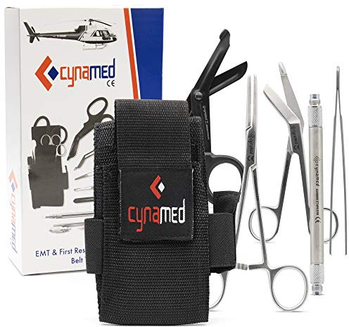 Cynamed First Responder Medical Tool Kit - Bandage Scissors, Magnetic Debris Remover, EMT Shears, Hemostat, Tweezers - Adjustable Multi-Pocket Nylon Belt Pouch - Paramedic, Nurse, Emergency Responders