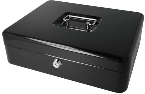 Westcott Geldkassette abschließbar (groß, 30 cm) Schwarz | Abschließbare Box aus Stahlblech mit 2 Schlüsseln | Herausnehmbare Einlage für Münzen mit 5 Fächern | E-51002 BLACK
