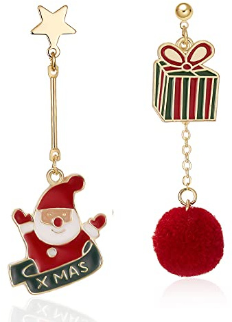 Boucles d'oreilles pendantes mignonnes avec Père Noël en crochet 14 carats plaqué or - Boîte cadeau Boule rouge - Boucles d'oreilles pendantes avec fil étoilé - Bijoux de fête de Noël pour femmes et