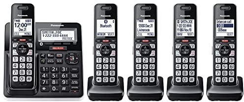 Panasonic Cordless Phone with Advanced Call Block, Link2Cell Bluetooth, One-Ring Scam Alert, and 2-Way Recording, Answering Machine, 5 Handsets - KX-TGF975B (Black/Silver Trim)
