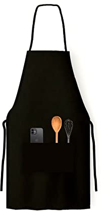 Delantal de cocina Impermeable, con 2 bolsillos 100% poliéster Ajustable, Mandil transpirable ideal para cocinero, camarero o barbacoas. Apron chef Negro para Hombres y Mujeres. Resistente (Negro)