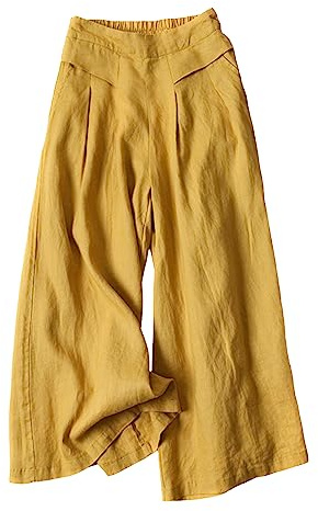 Hooever Women's Cotton Linen Culottes Pants Elastic Waist Wide Leg Palazzo Trousers Capri Pant(Yellow-XX-Large)