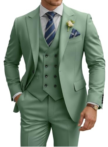 TIJOFA Traje de 3 Piezas para Hombre, Ajuste Delgado, Traje de Doble Botonadura para Hombre, Trajes de Boda, clásico de un botón, Formal, graduación, Cena, Esmoquin, Verde Salvia, Small