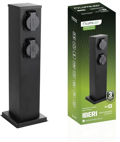 LUMILED Garten Steckdosensäule für außen, 4 Fach 230V Doppelsteckdose schwarz eckig 40cm IP65 4X Steckdosen Edelstahl Steckdose Gartensteckdose Outdoor Steckdosenturm Steckdosenverteiler