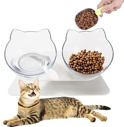 Katmerio Ciotola per gatti inclinabile a 15°, doppia ciotola trasparente per cibo e acqua, per gatti e cuccioli