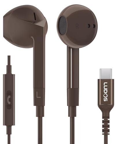 Ludos FEROX Auriculares USB C con Micrófono, Garantía de 5 años, Auriculares Tipo C con Cable para iPhone 16 15 Pro MAX Plus Samsung Galaxy S24 S23 S22 Ultra S21 FE S20 A53 A54, iPad Pro Air - Marrón