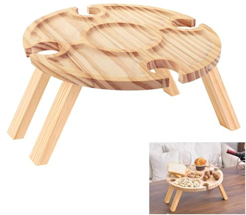NUWIQ Table à vin Portable, Table à vin Ronde en Bois, Folding Picnic Wine Glass Holder, 29,3x14,5 cm avec Porte Verre à vin, Pliable, pour Le Fromage et Les Fruits