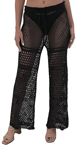 FEOYA Donna Pantaloni da Spiaggia in Rete Estivi Trasparente Lunghi Pantaloni Cover Up con Pizzo a Gamba Larga all'Uncinetto Nero L