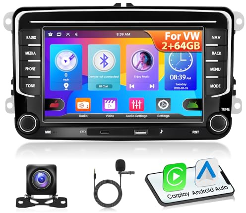 Motorsi Autoradio 2+64G per VW Seat Passat Golf 5 6 Polo Skoda con Carplay Android Auto,Radio Stereo Android 15 da 7'' con GPS/WiFi/Bluetooth/EQ/FM/RDS/Type-C,Telecamera di Retromarcia AHD e Microfono