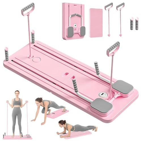 Pilates Reformer Compact 5 en 1 Pilates Plegable Push Up Rodillo abdominal salta automáticamente con temporizador, tabla de abdominales multifuncional para casa y gimnasio (rosa)